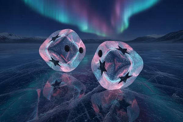 Jeu Polar Dice — deux dés givrés qui roulent sur une table éclairée par l'aurore