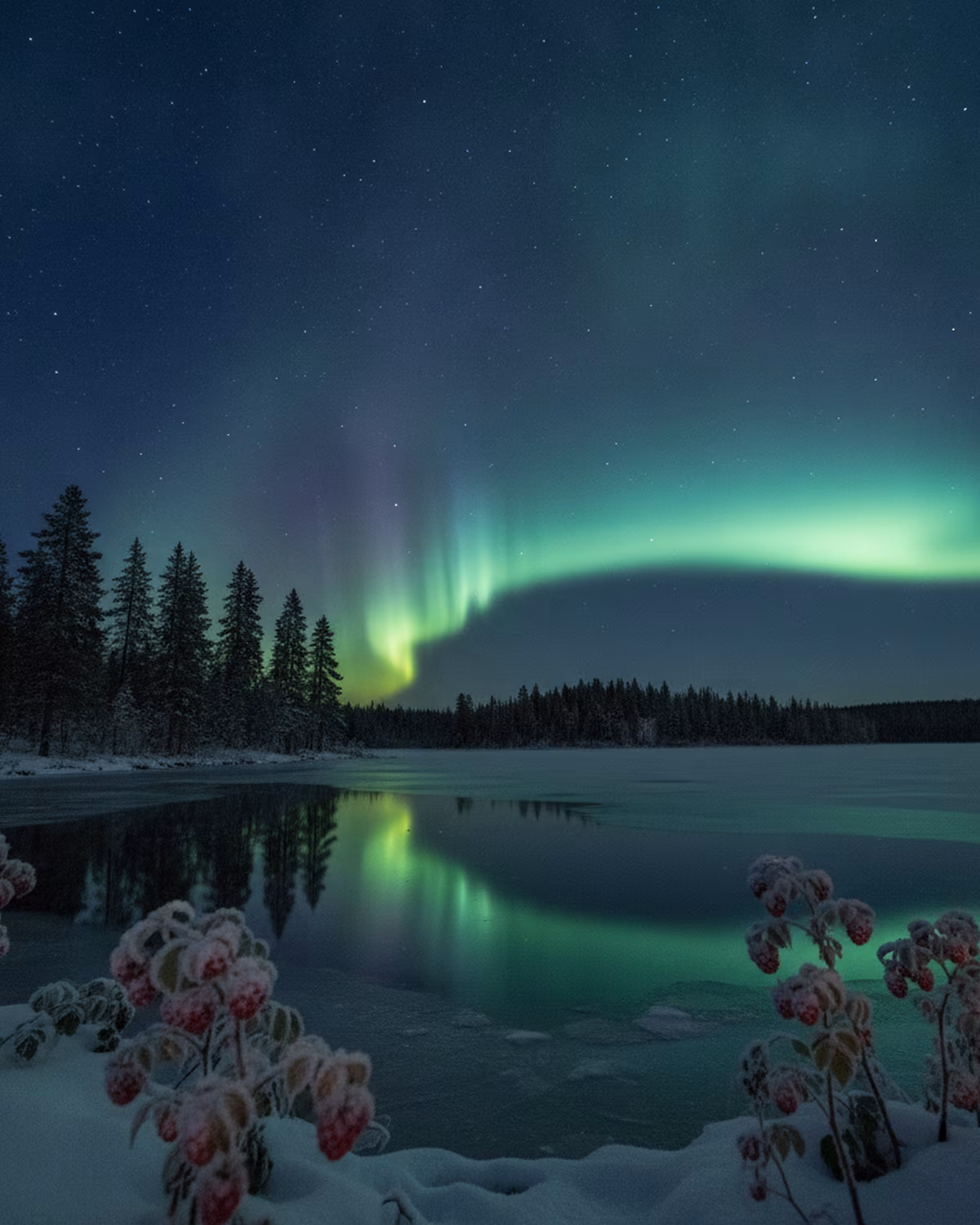 Aurora borealis glowing over a snowy berry forest at night