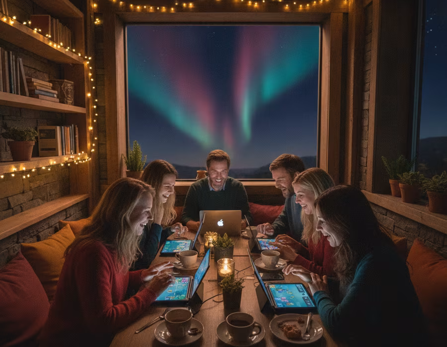 Friends laughing around a table during a cozy community game night under string lights