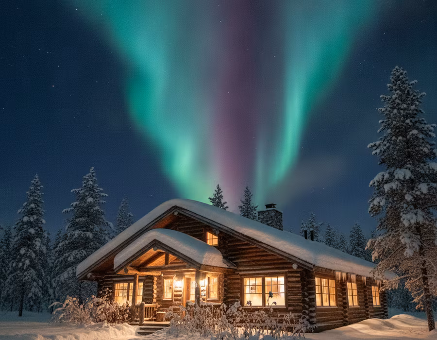 Warm wooden lodge glowing under a green aurora in a snowy northern forest