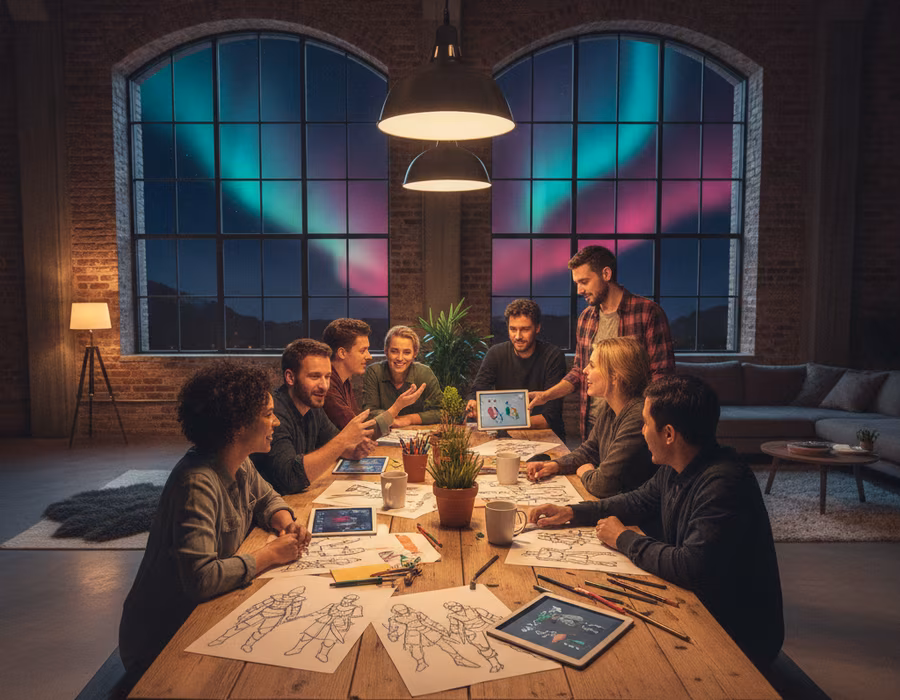 Small creative team working together at a wooden table with laptops and sketches