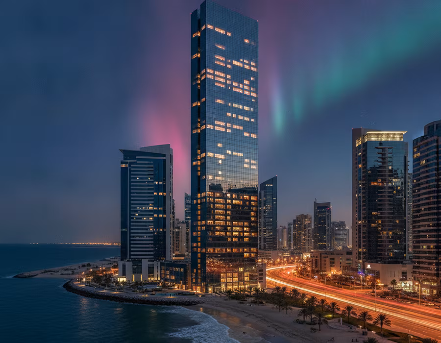 Creative Tower in Fujairah at dusk, home of the MALINA FZ LLE studio
