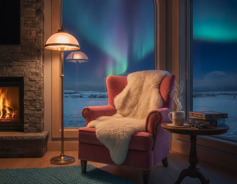 Players enjoying community perks together in a cosy northern lodge lit by the aurora