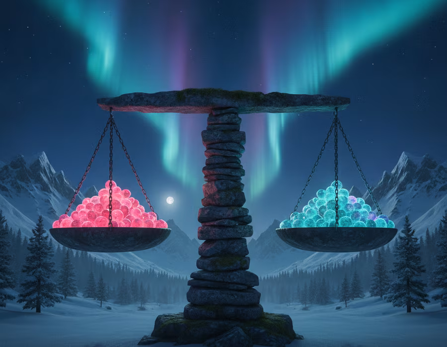 Balanced pair of carved wooden dice resting on a snow-dusted table in even lamplight