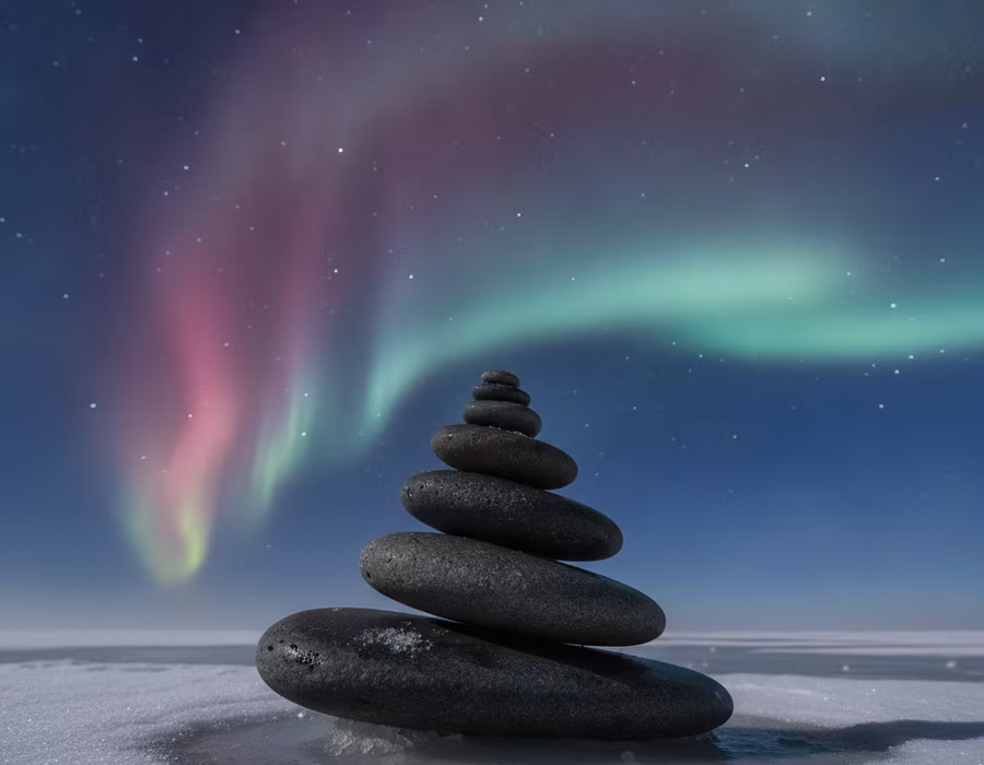 Stones balanced in perfect equilibrium under a green aurora sky