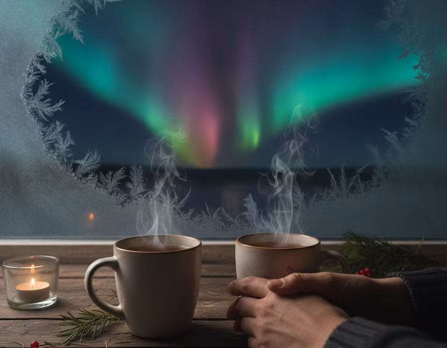 Two mugs of warm tea on a wooden table beside a window showing the aurora