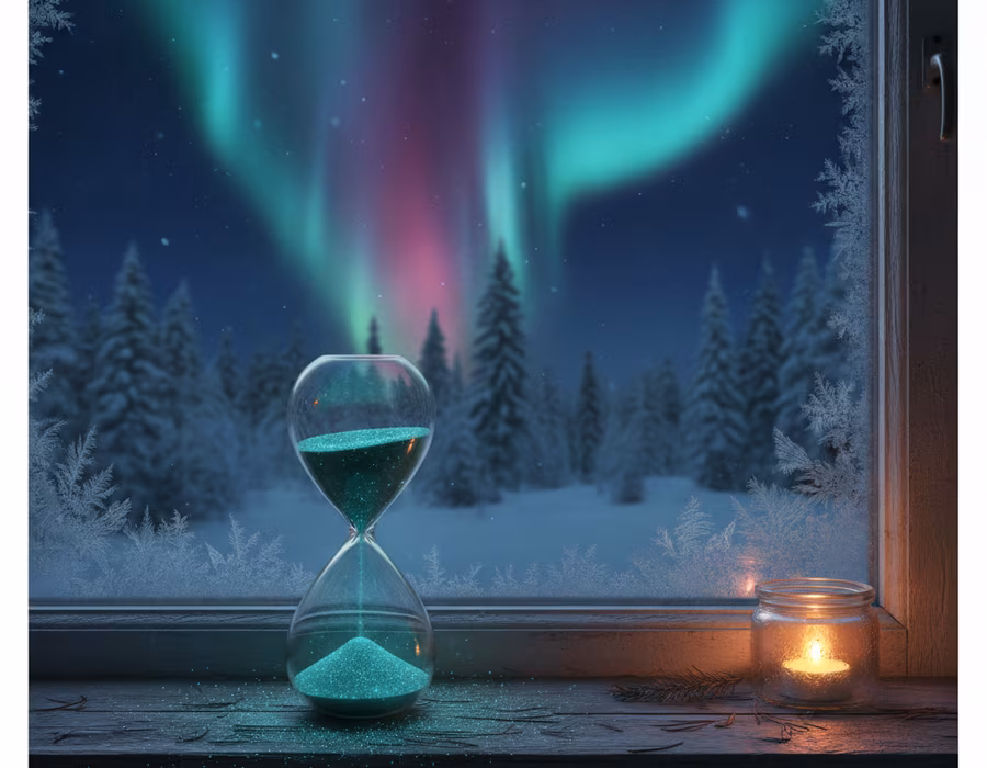 An hourglass resting on snow with the northern lights behind it