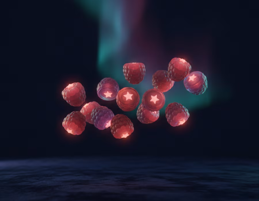 Un bol de bois rempli de Boreal Berries lumineuses sous les aurores boréales
